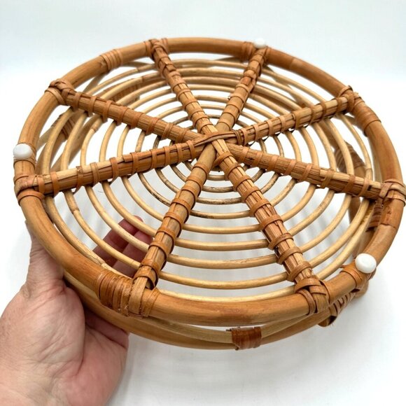 BOHO CHIC 12” WIDE RATTAN ROUND SERVING TRAY BASKET WITH HANDLES - Picture 5 of 9